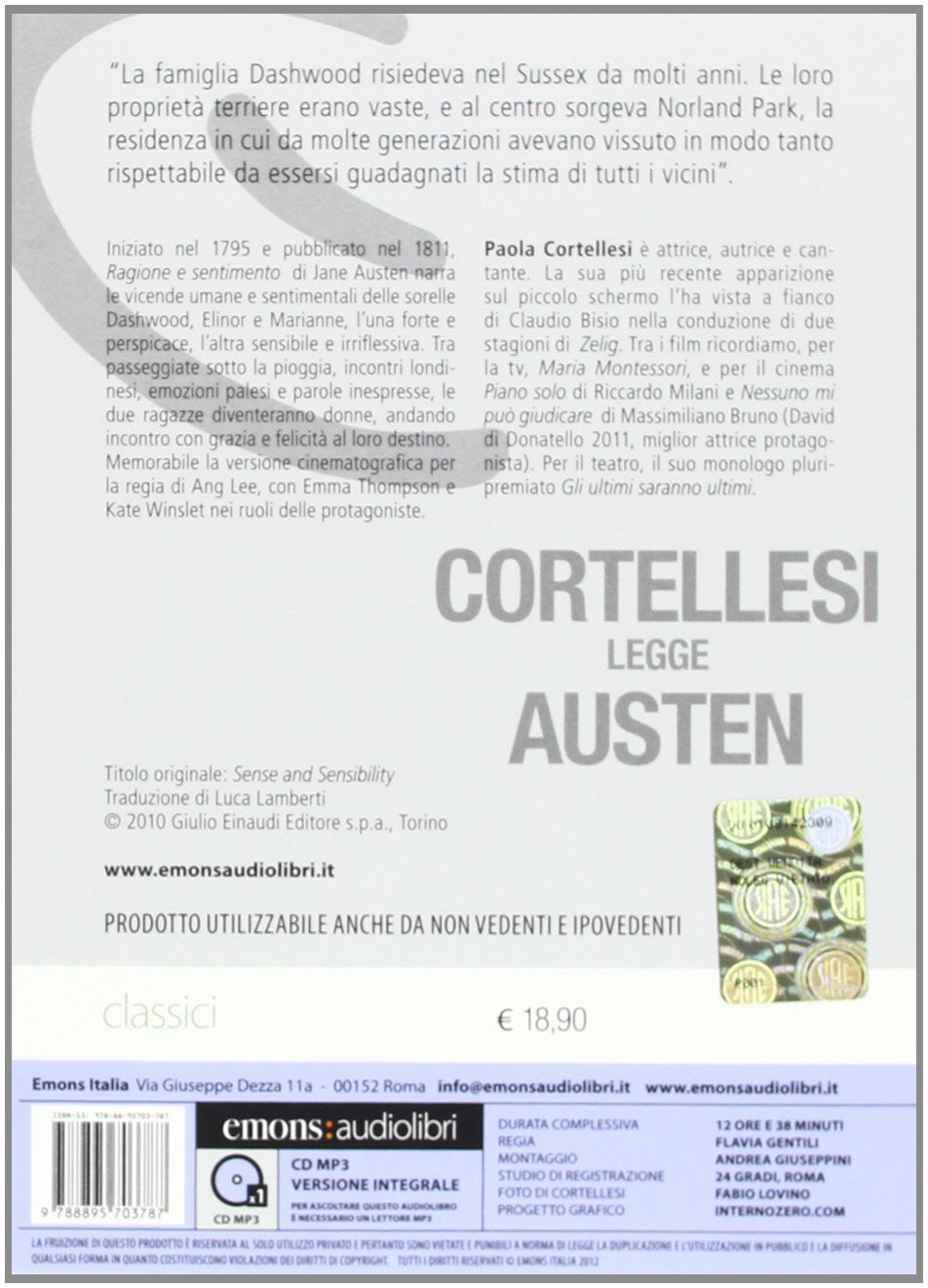 Ragione e sentimento letto da Paola Cortellesi. Audiolibro. CD Audio formato MP3